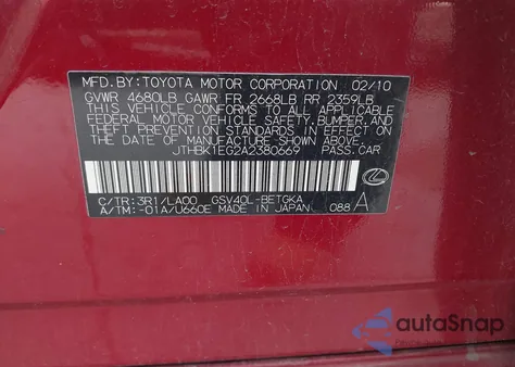 2010 Lexus Es 350 from USA, damaged, VIN JTHBK1EG2A2380669